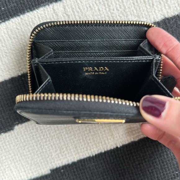 Black Prada Mini Zip Around Gold Saffiano Leather Wallet - Picture 4 of 6